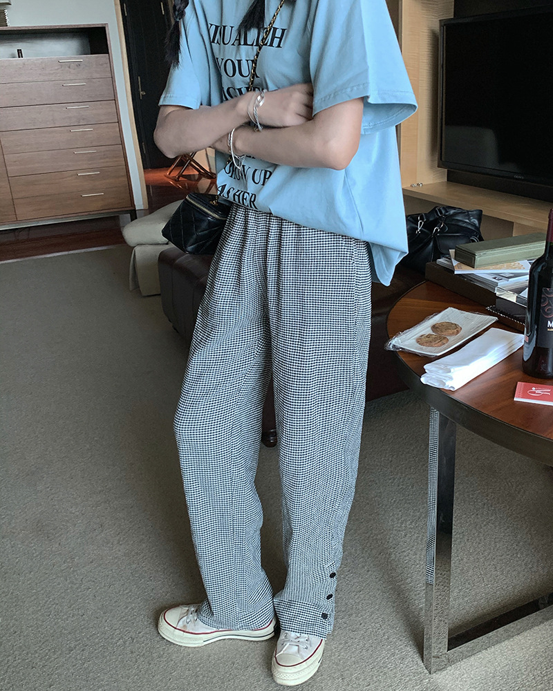 松紧高腰休闲裤女侧边纽扣开叉直筒裤宽松阔腿拖地裤子29480