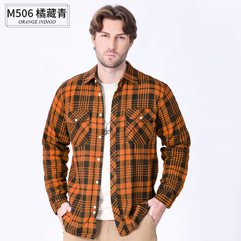 Spring 2024 Cross-Border Foreign Trade Style American Retro Flannel Men's Long Sleeve Brushed Plaid Shirt Men's Puls Size Red Check Flannel  Handsome Coat