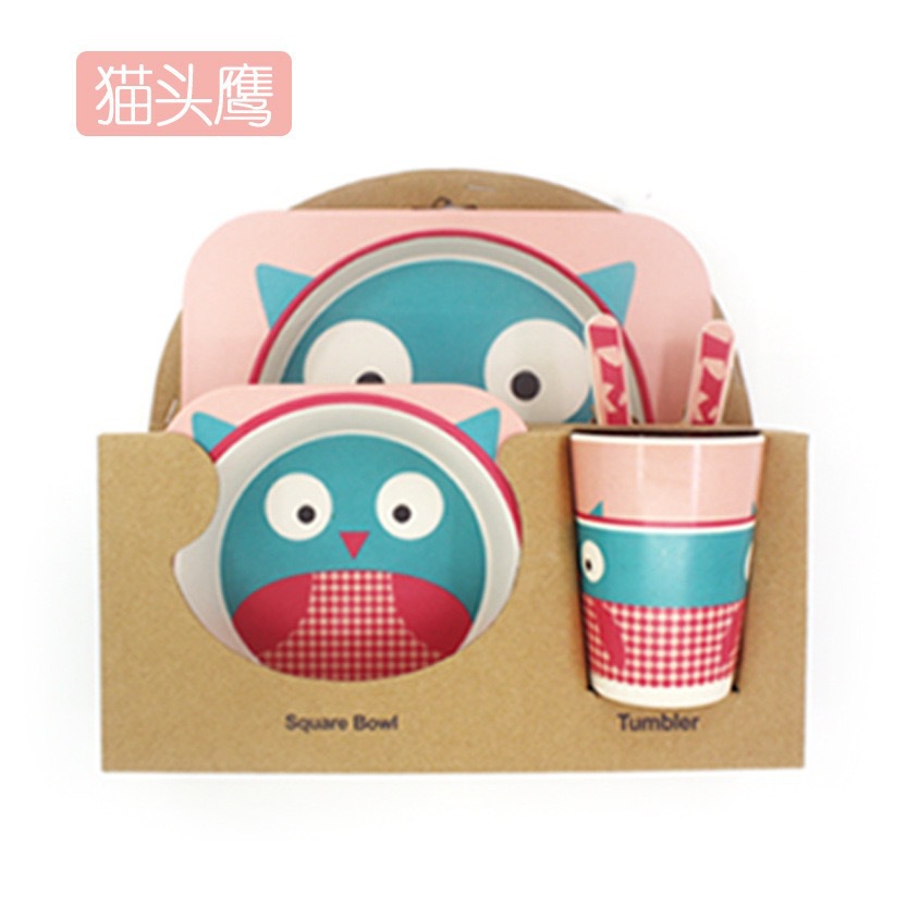 Creative Cartoon Bamboo Powder Bamboo Fiber Children's Tableware Set Five-Piece Set Kindergarten Baby Cartoon Grid Bowl Plate