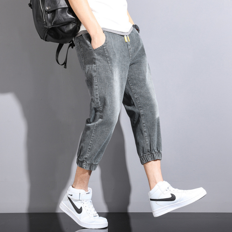 夏季弹力牛仔裤男士七分裤高端短裤子潮牌夏天束脚裤哈伦薄款马裤