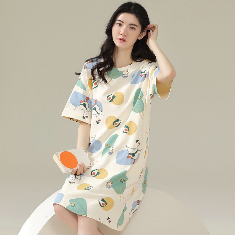 Women's Nightdress Summer Korean Style Tight Cotton Teenage Leisure Thin Short Sleeve Pajamas Summer Home Wear Factory Wholesale