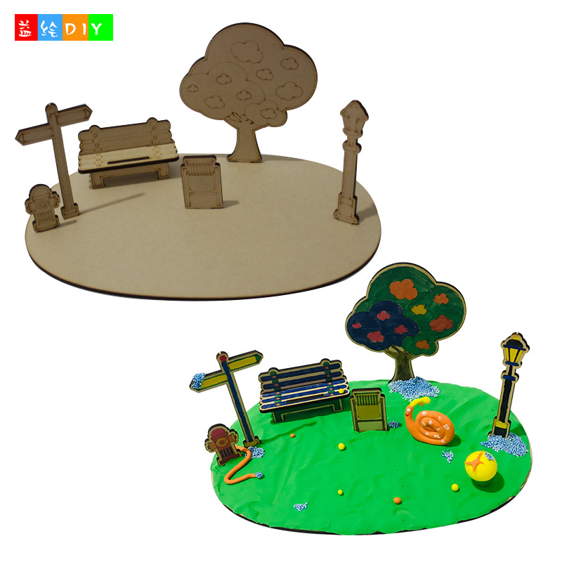diy儿童木质拼插公园场景粘土雪花泥木制拼图激光切割立体模型