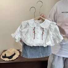 韩版儿童上衣24夏季新款女童洋气棉质刺绣娃娃领蕾丝花边白衬衫