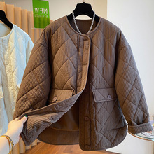 2023年新款宽松休闲无领菱形格棉服女冬季简单设计感圆领棉衣外套