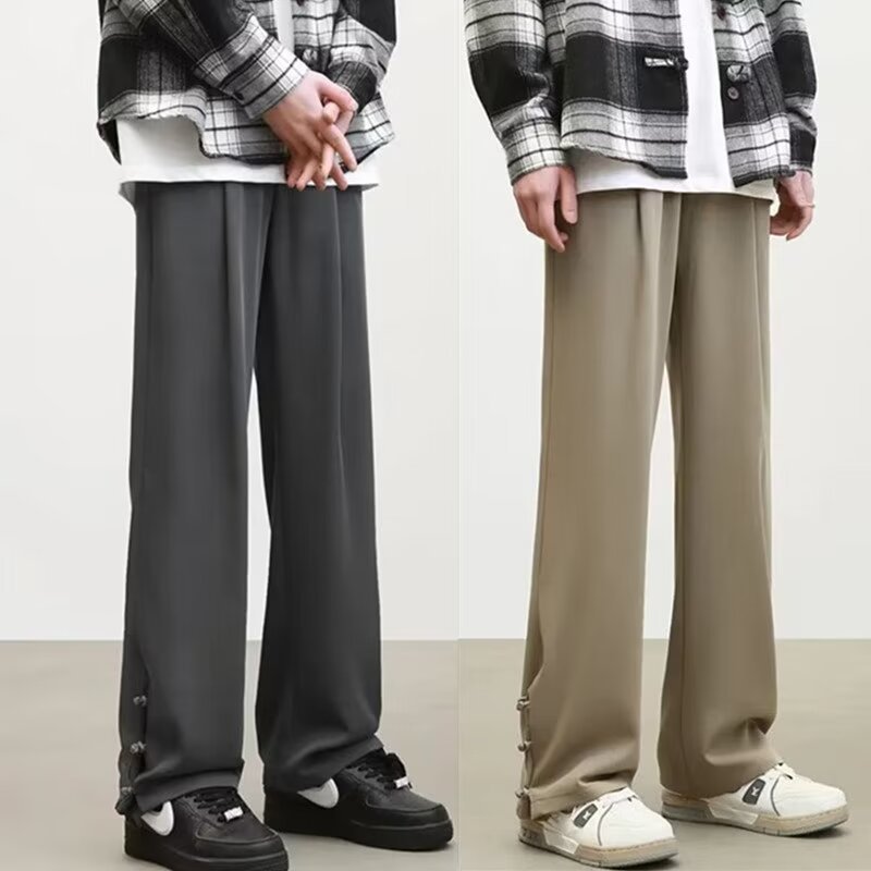 美式复古卡其色裤子男季春潮牌设计感小众垂感直筒拖地休闲运动裤