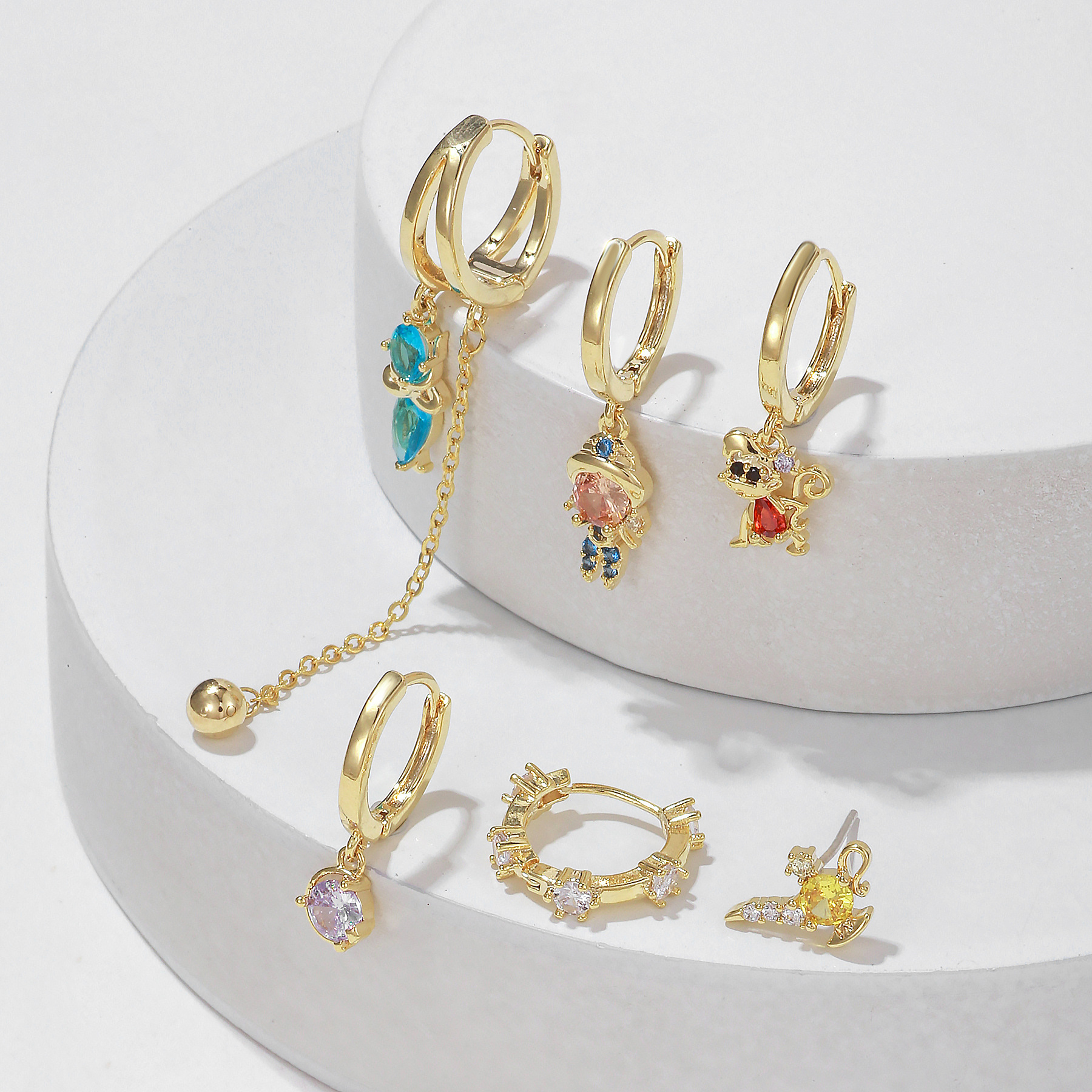 Cartoon Fashion Fairy Tale Princess Girl Zircon Earrings Female Sweet Asymmetry Tassel Ear Clips Earrings 6-Piece Set