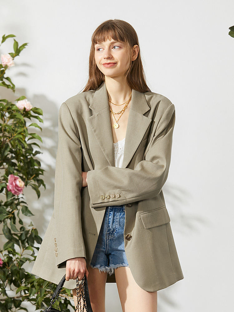 米可帛恩秋季新款宽松休闲西装外套中长款廓形西服上衣82964a