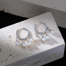 悦宝珠宝S925纯银淡水珍珠复古做旧不规则锤纹圆珠耳环气质银耳坠