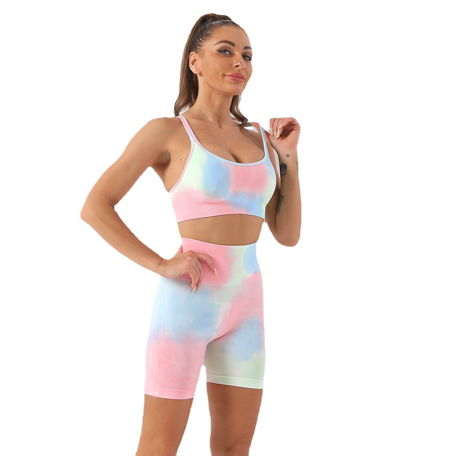 European and American Seamless Tie-Dye Yoga Suit Women's Sexy Strap Yoga Bra Sports Underwear High Waist Workout Shorts