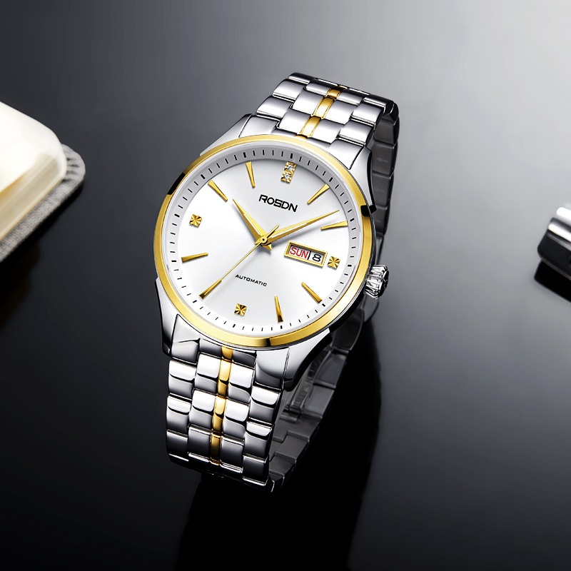 劳士顿正品手表男自动机械表镂空钢双日历防水商务款情侣表2168