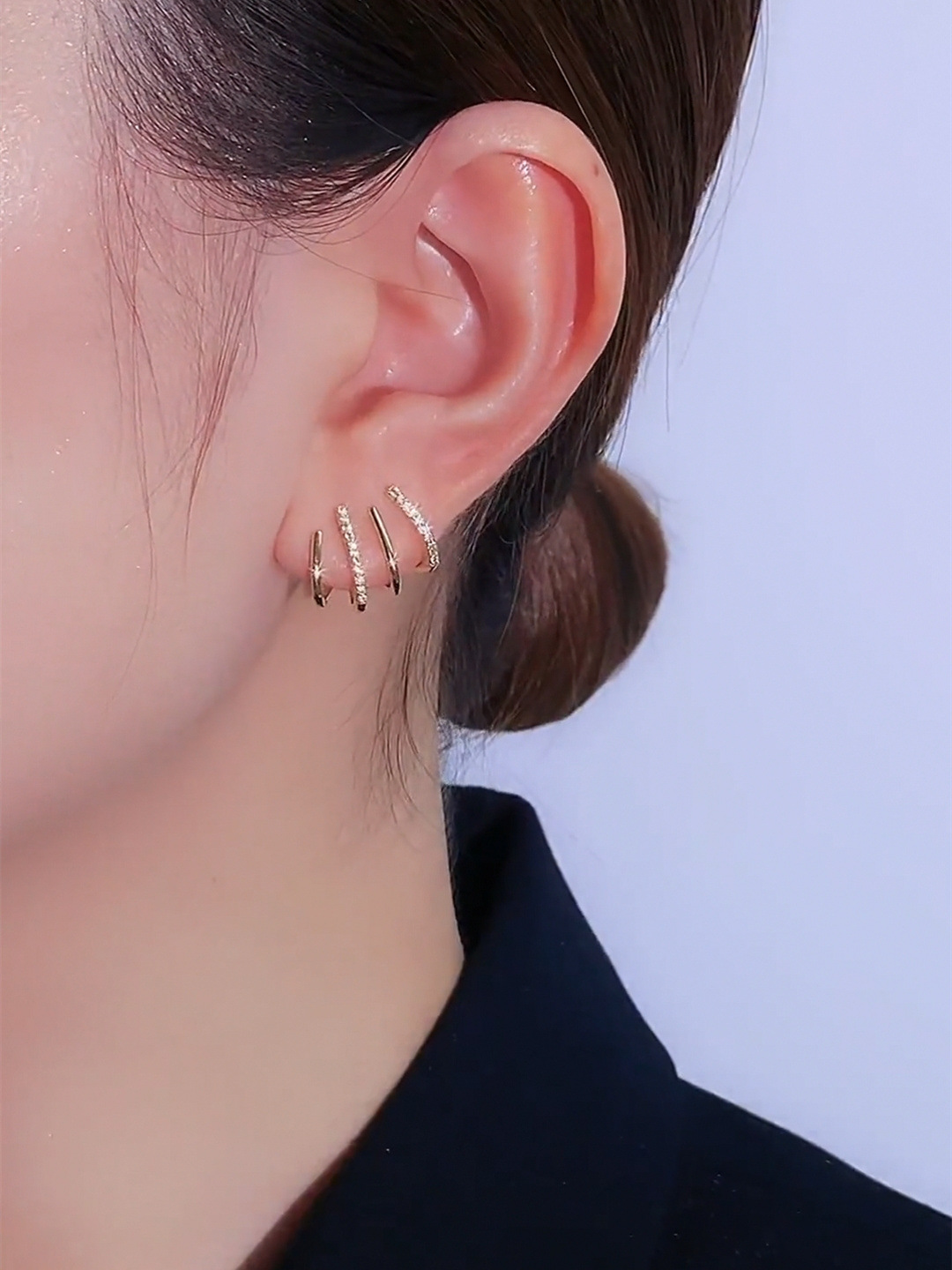 一个耳洞带出四个耳环的效果时尚四爪排排耳钉女银针精致耳钉