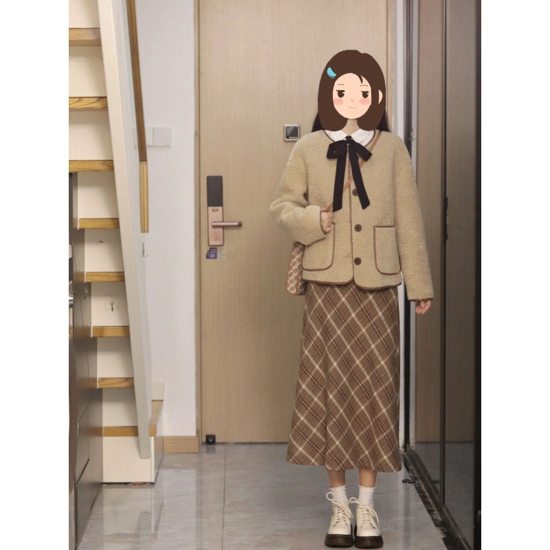 格纹半身裙棕色毛呢格子a字裙秋冬配毛衣打底中长款复古文艺显瘦