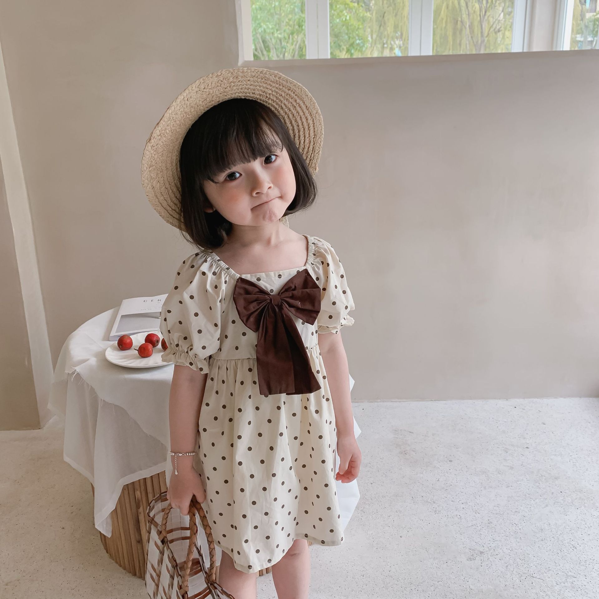童装2021夏女童韩版波点蝴蝶结连衣裙女宝短袖裙子中小女童公主裙