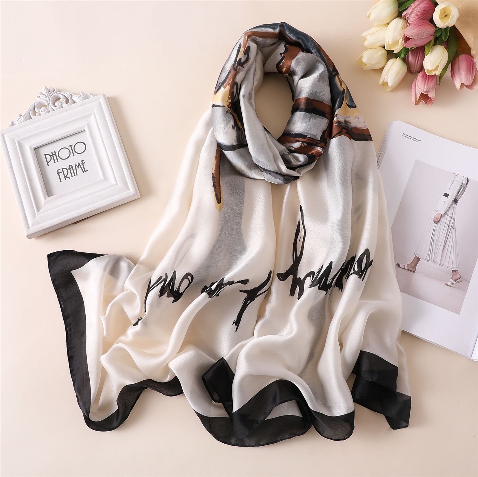 Spring, Summer and Autumn New Korean Style Floral Elegant High-End Imitated Silk Scarves Female Ornament Shawl Sunscreen Beach Towel