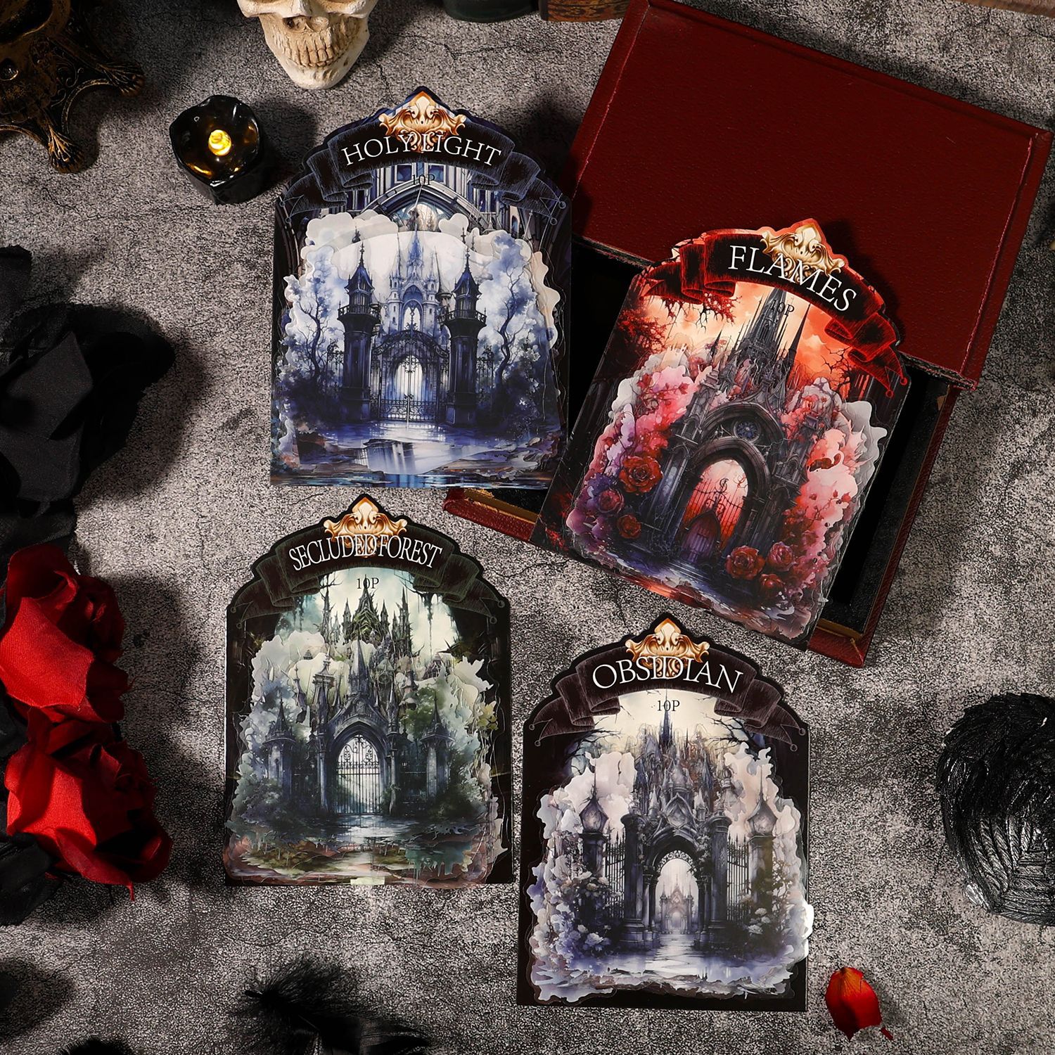 古古森林贴纸包 幽暗之门系列复古暗黑哥特式手帐素材拼贴打底4款