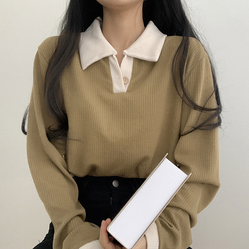 Amazon Cross-Border Niche Design Spring and Autumn Women's Clothing Hong Kong Style Retro Fashion Polo Lapel Contrast Color Long Sleeves Top