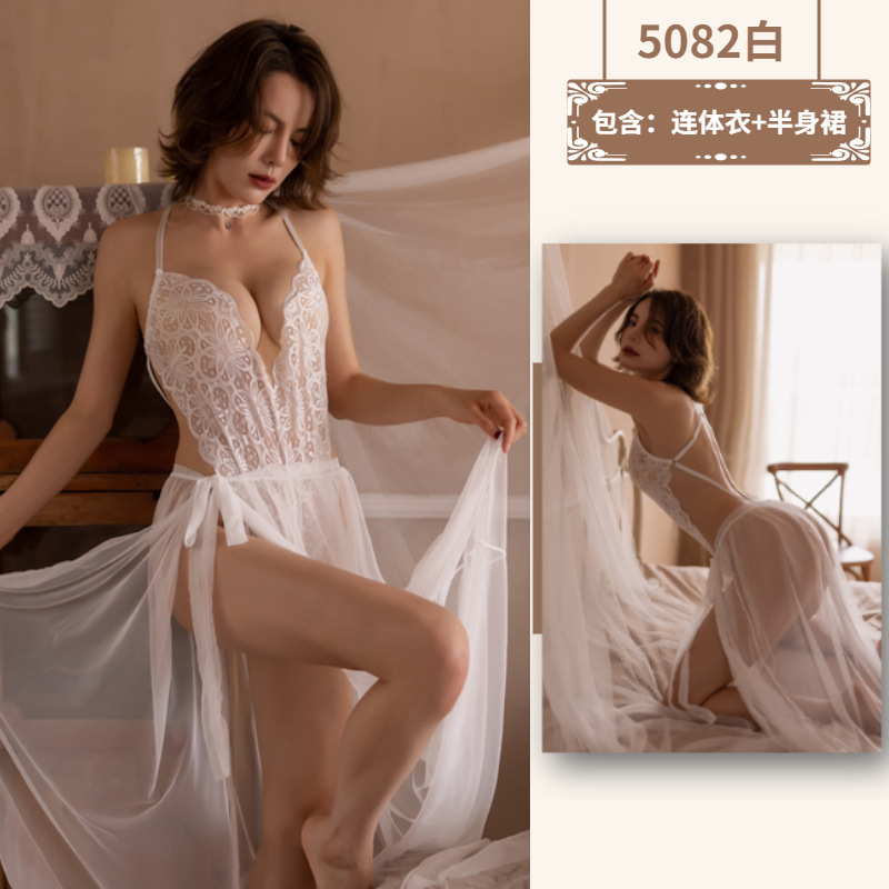 Adult Supplies Sexy Lingerie Sexy Lace Chest High Slit Uniform Temptation Tramsparent Yarn Nightgown Long Skirt outside Wholesale