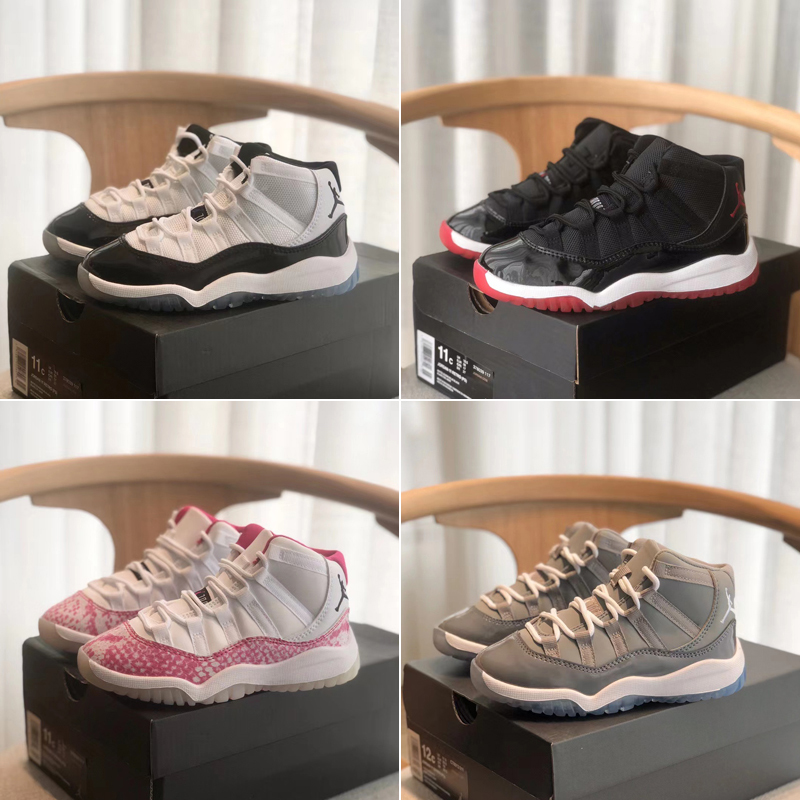 乔11童鞋白红aj11篮球鞋男女童高帮黑白康扣魔术贴系带儿童运动鞋