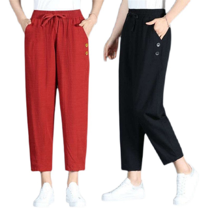 Middle-Aged Mom Cotton and Linen Cropped Pants Summer Women's Pants Loose plus Size Elastic Waist Casual Pants Harem Pants for Women