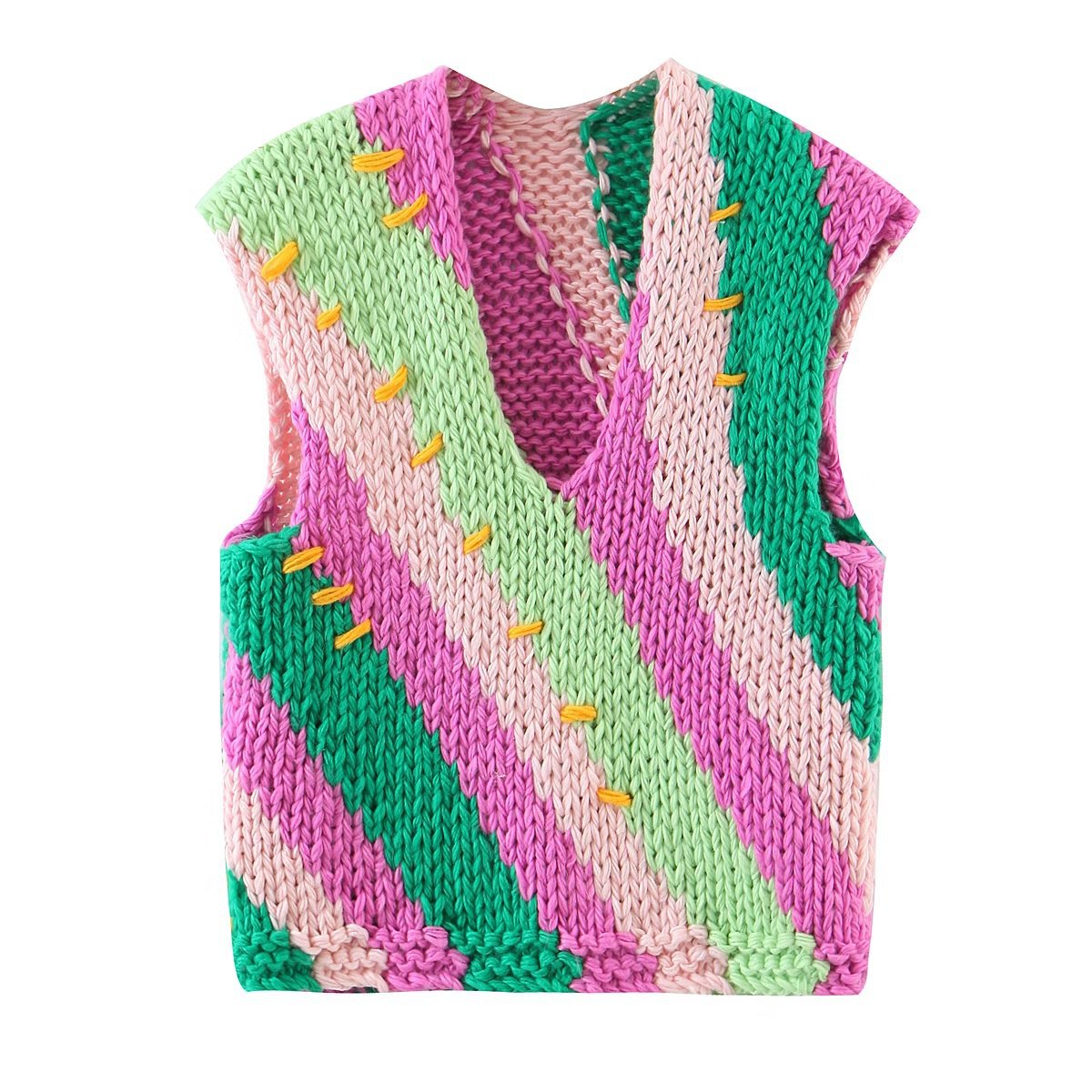 2022欧美批发秋冬新款女装撞色亚马手工粗线彩色背心上衣u20-5917