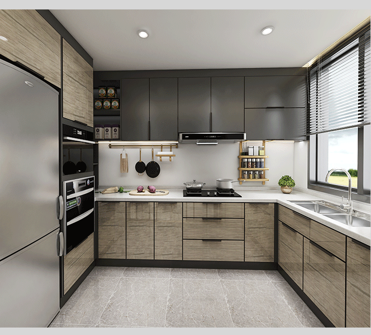 杭州睿兔工厂实木纹高光系列多层烤漆整体厨房橱柜门全屋定制批发