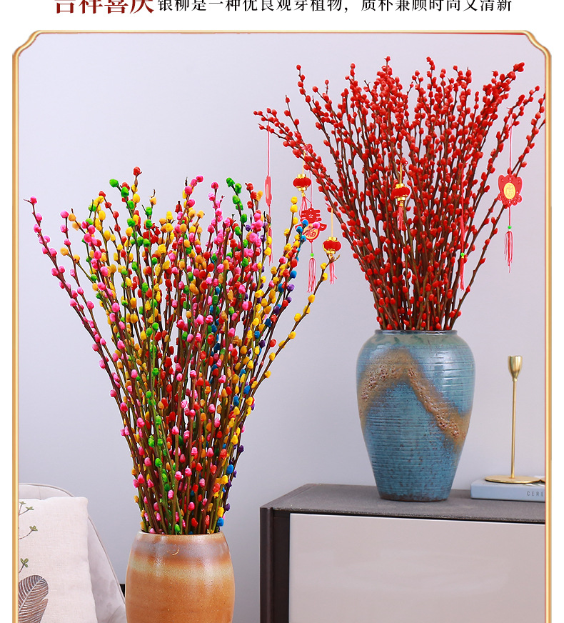 银柳真花春节年宵花银柳 插花福桶红春节饰品 七彩色柳枝干花批发