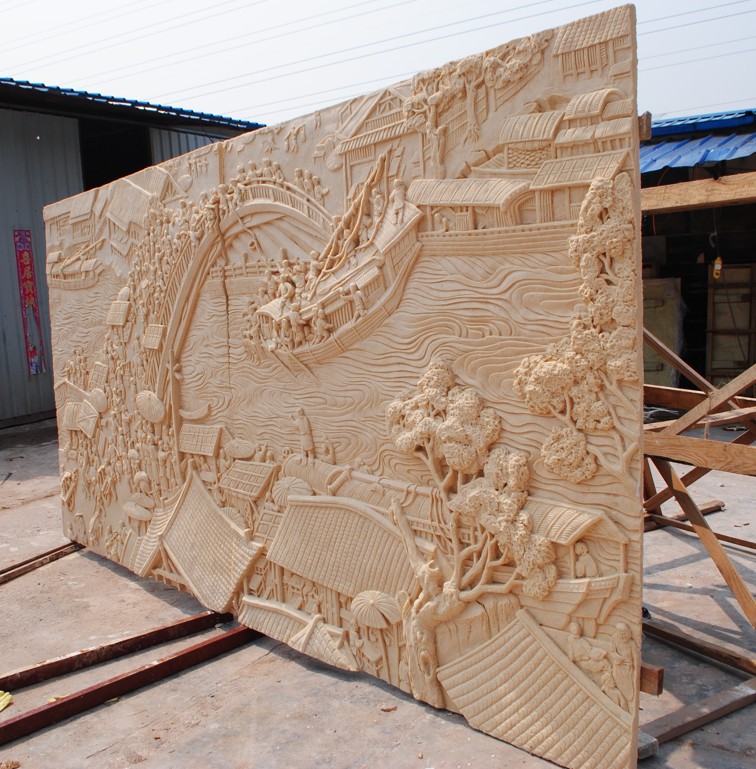 砂岩浮雕清明上河图背景墙装饰壁画沙岩手工立体雕刻画别墅外墙