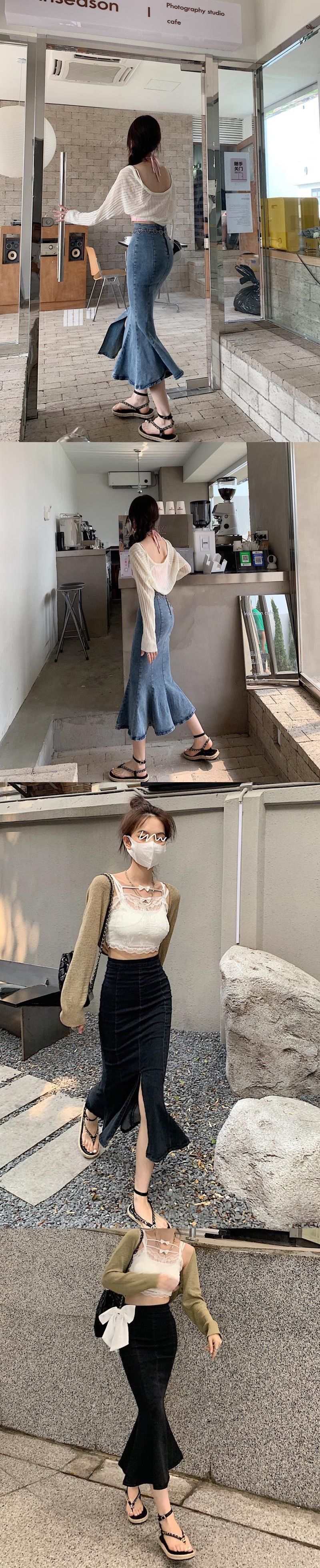 喇叭裙鱼尾牛仔半身裙春秋新款高腰显瘦荷叶边a字包臀裙开可代发