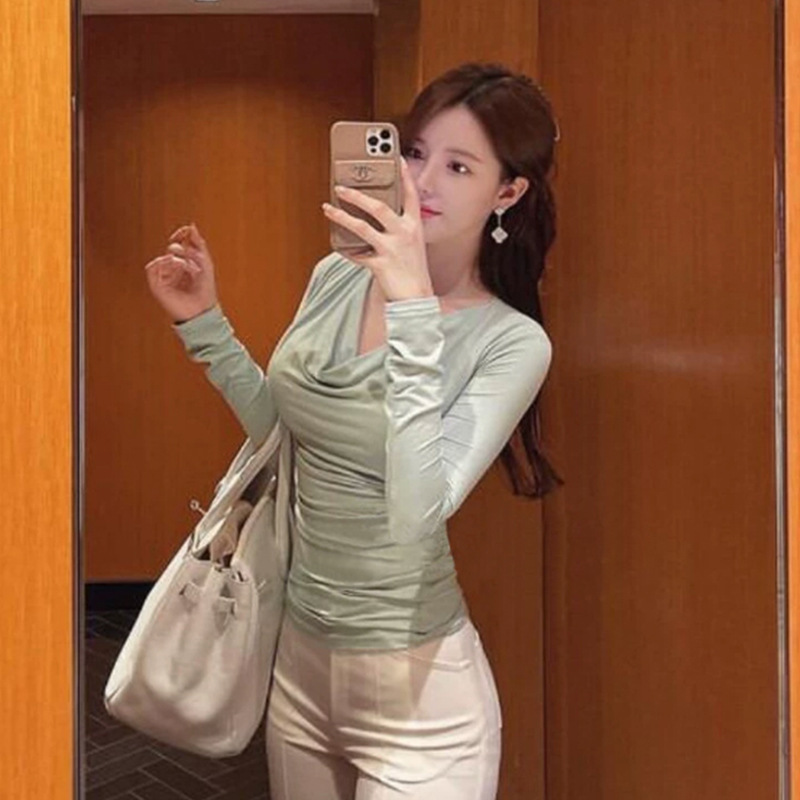 韩国东大门优雅气质性感辣妹堆堆领皱褶显胸大修身显瘦t恤上衣女