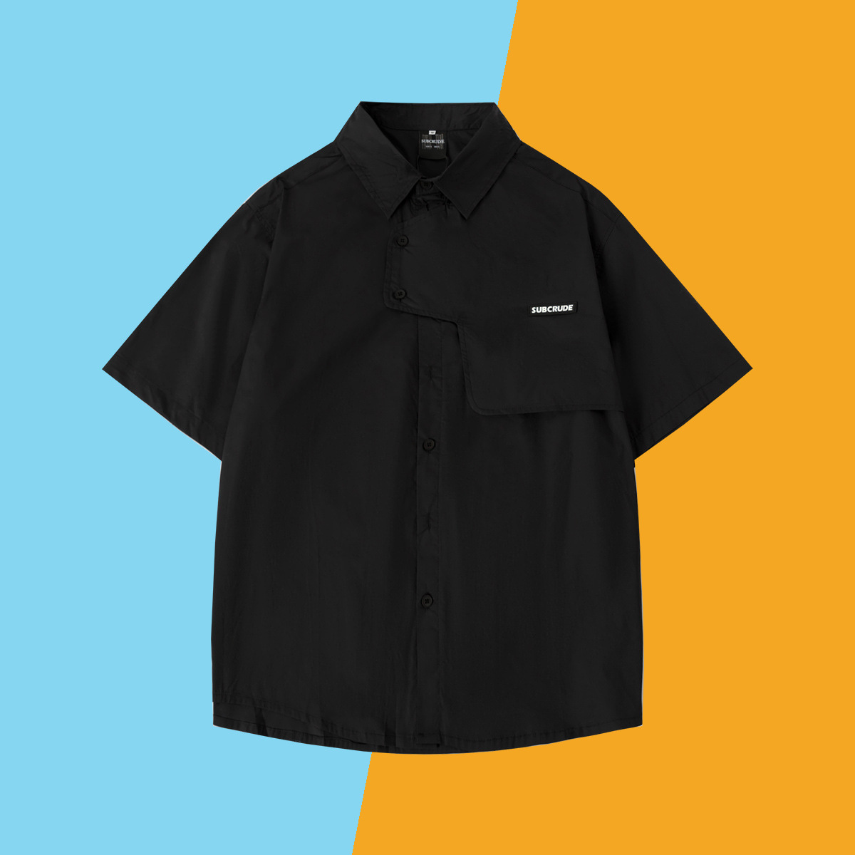 黑色短袖衬衫男宽松翻领潮牌纯棉夏季休闲衬衣short-sleeve shirt