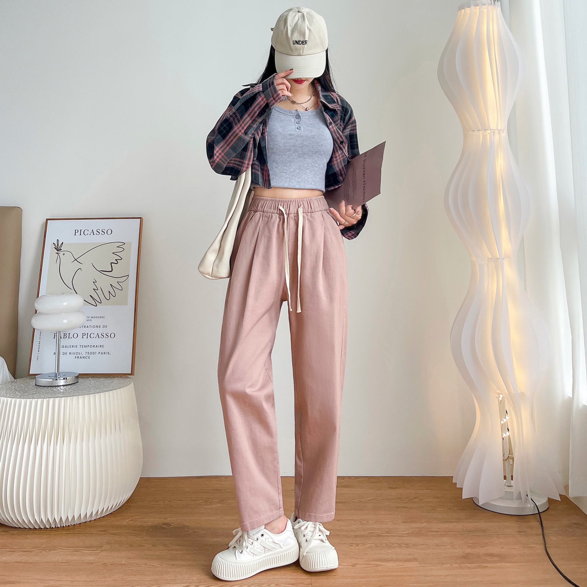 Fall 2023 New Pure Cotton Pink Cover Raddish Dad Jeans Slimming Harem Pants Casual Women's Loose High Waist