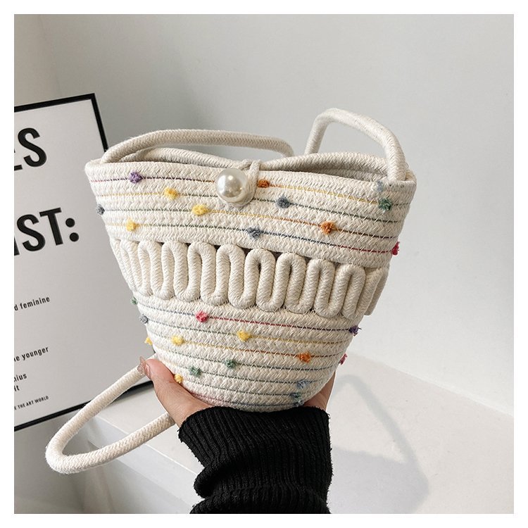 Women's Woven Bag Summer Bucket Beach Bag 2023 Pearl Fashion Mini Shoulder Messenger Bag Mori Small Bag Fashion