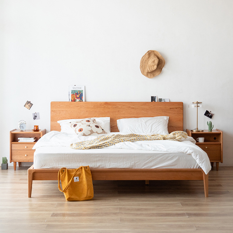北欧樱桃木全实木床胡桃木双人床日式简约轻奢型极简式卧室家具床