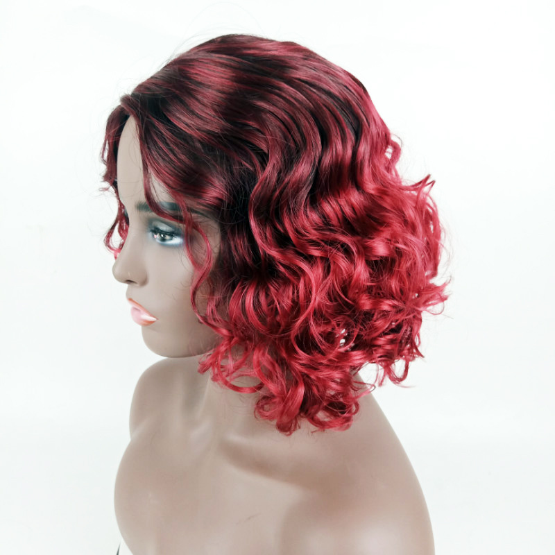 wish侧分酒红色短卷发ebay厂家订制假发头套支持跨境一件代发批发