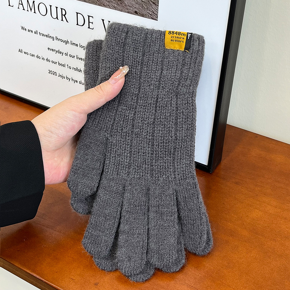 Korean Style Fashionable Knitted Warm Men's Gloves Cold Protection in Winter Thickened Sewed Label Vertical Pattern Open Finger Touch Screen Riding Finger