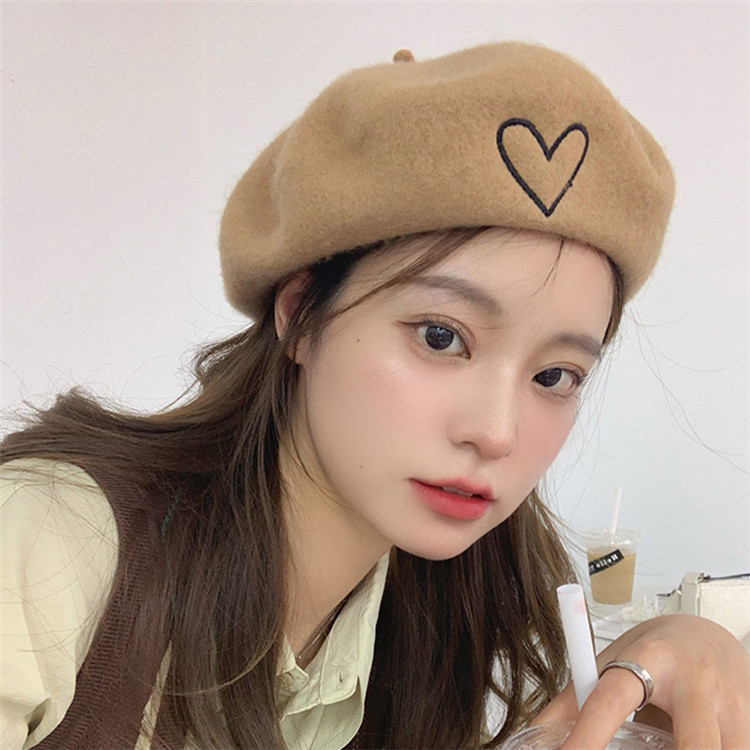 2021 Star Song Qian Same Product Love Embroidered Wool Beret Women's Autumn and Winter Korean Style Simple All-Matching Painter Hat