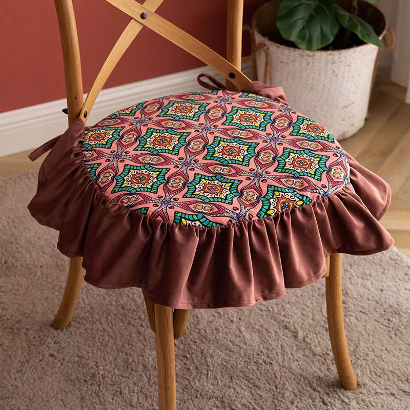 Cross-Border Four Seasons Netherlands Velvet Printed Cushion Dining Chair Removable and Washable Rope Vintage Ruffled Chair Cushion Wholesale