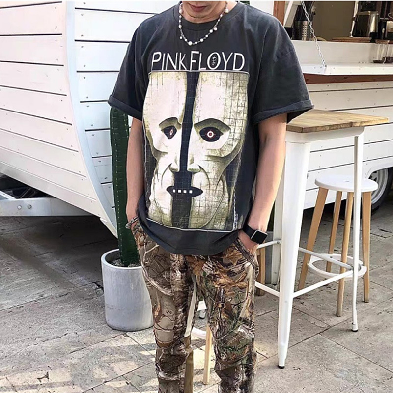 欧美ins侃爷 kanye摇滚 pink floyd 白鬼印花宽松落肩短袖t恤半袖