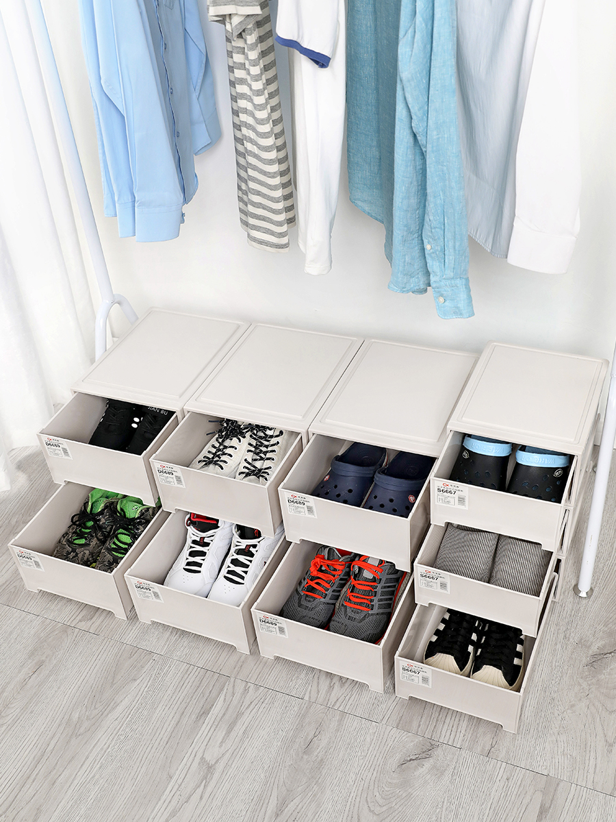 加厚鞋盒收纳盒实色抽屉式防尘鞋子塑料鞋箱鞋柜子简易鞋架免组装