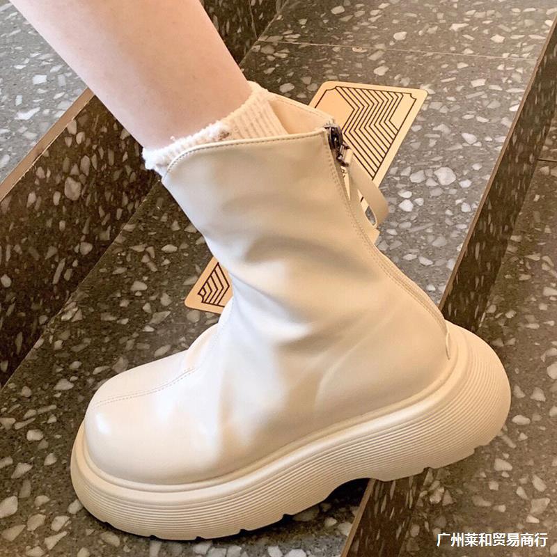 牛皮版~网红爆款马丁靴2024新款英伦风厚底圆头v口白色超火短靴女