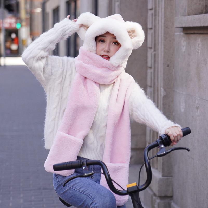 Autumn and Winter New Cute Bear Ear Scarf Female Thickened Fleece Warm Gloves Hat Scarf Integrated Three-Piece Set