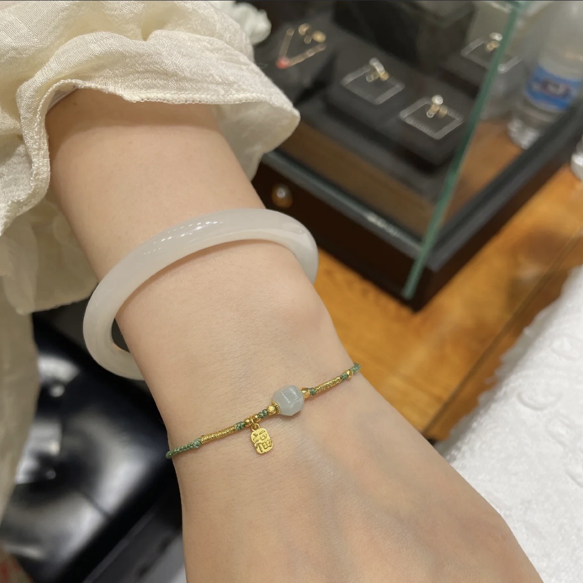 Random Hair Hetian Jade Bracelet Female Greenish White Jade Young Thin round Bar Jingle Bracelet Qinghai Qingshui Girl Jade Bracelets