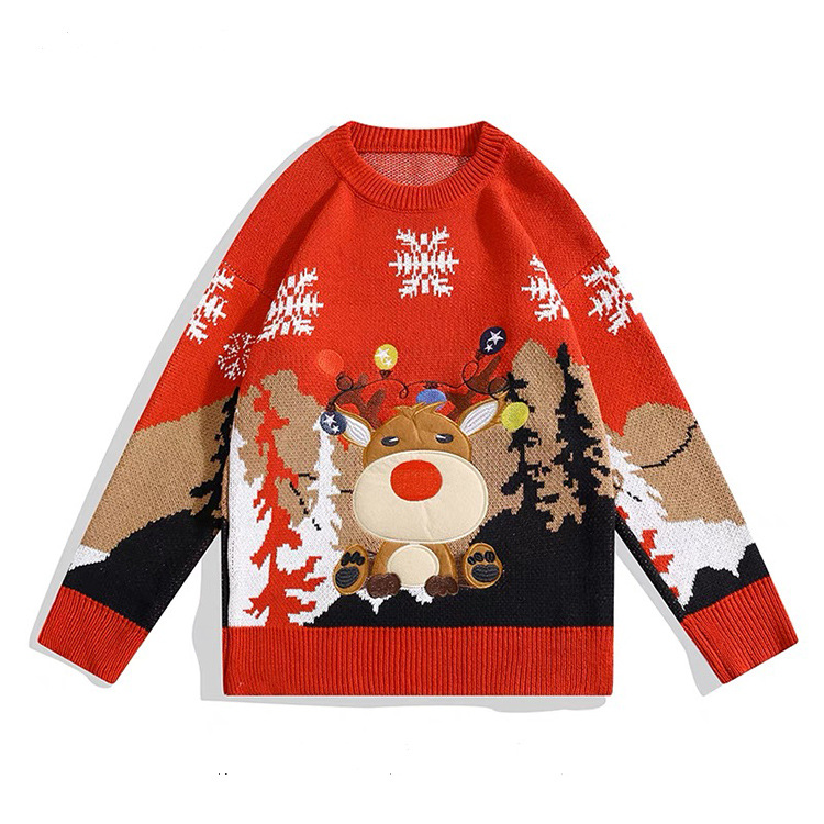 东莞大朗毛衣工厂定制圣诞麋鹿毛衣氛围感美式街头休闲男针织衫