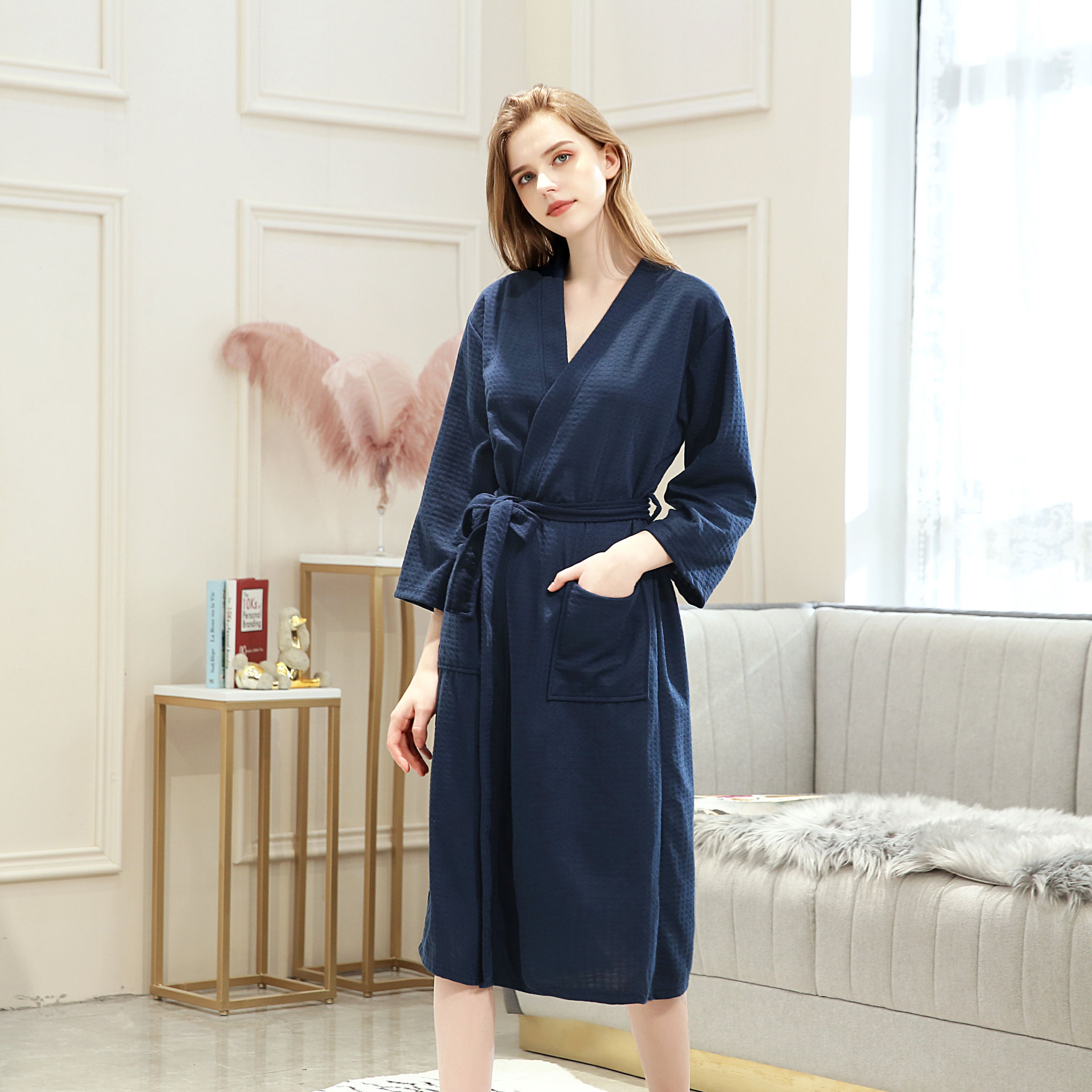 Amazon Waffle Bathrobe Summer Moisture-Wicking Clothing Cross-Border Same Wholesale Women's European and American Style Water-Absorbing Quick-Drying Bathrobe