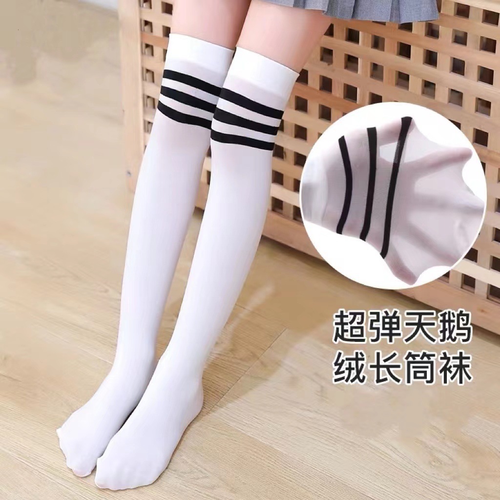 儿童足球袜过膝袜中筒袜三条杠男女童黑白条学院夏季天鹅绒童袜批