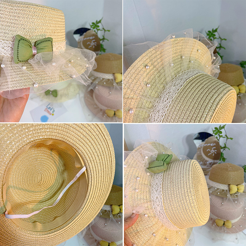 Children's Fairy Straw Hat Mesh Korean Style Spring and Summer Travel Wide Brim Sun Hat Bow Beaded Lace Fisherman Hat