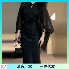 新中式国风改良旗袍连衣裙子女装2024新款夏季小个子黑色长裙套装