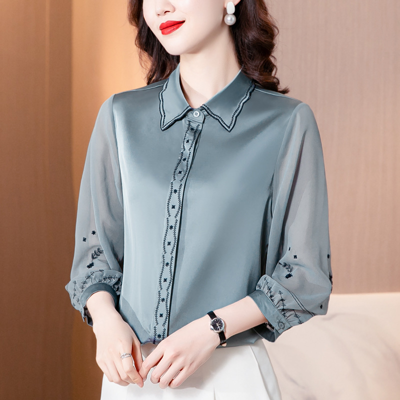 品牌刺绣真丝长袖衬衫2024春秋季新款时尚高端桑蚕丝衬衣女上衣