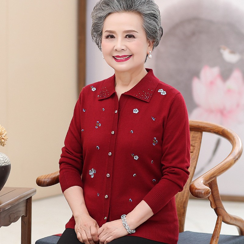 老年人秋装女薄款开衫妈妈上衣服60至70岁奶奶装太太秋冬毛衣外套