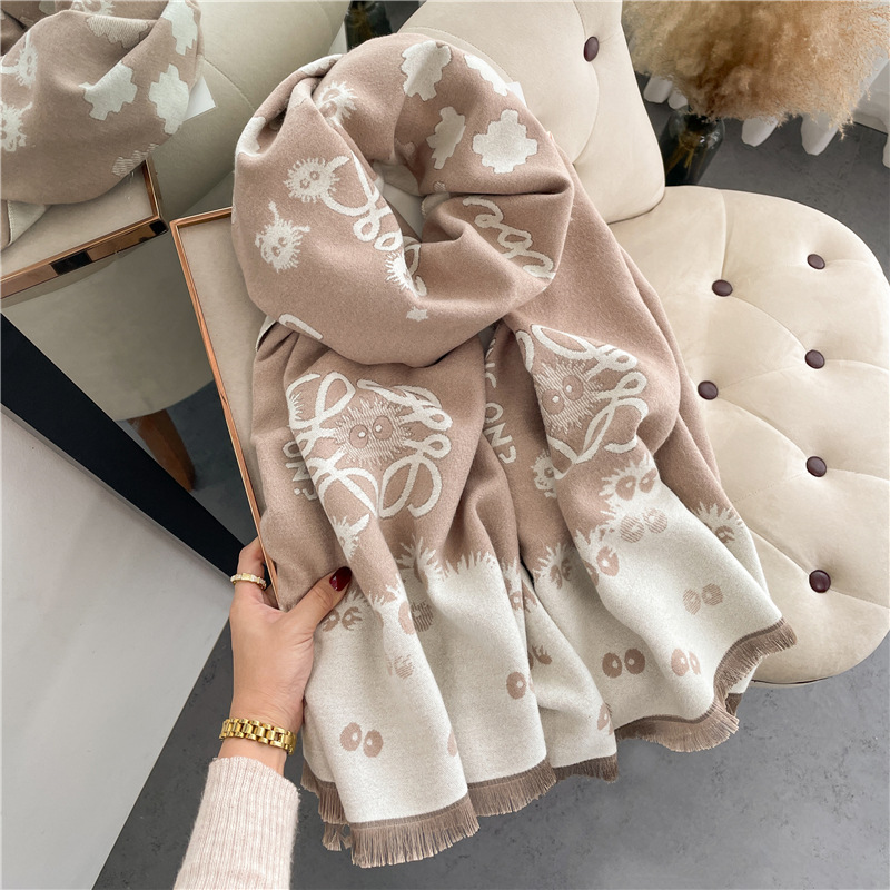 2022 New Artificial Cashmere Scarf Women's Winter Personality Cartoon Long Tassel Shawl Dual-Use Students Warm-Keeping Scarf